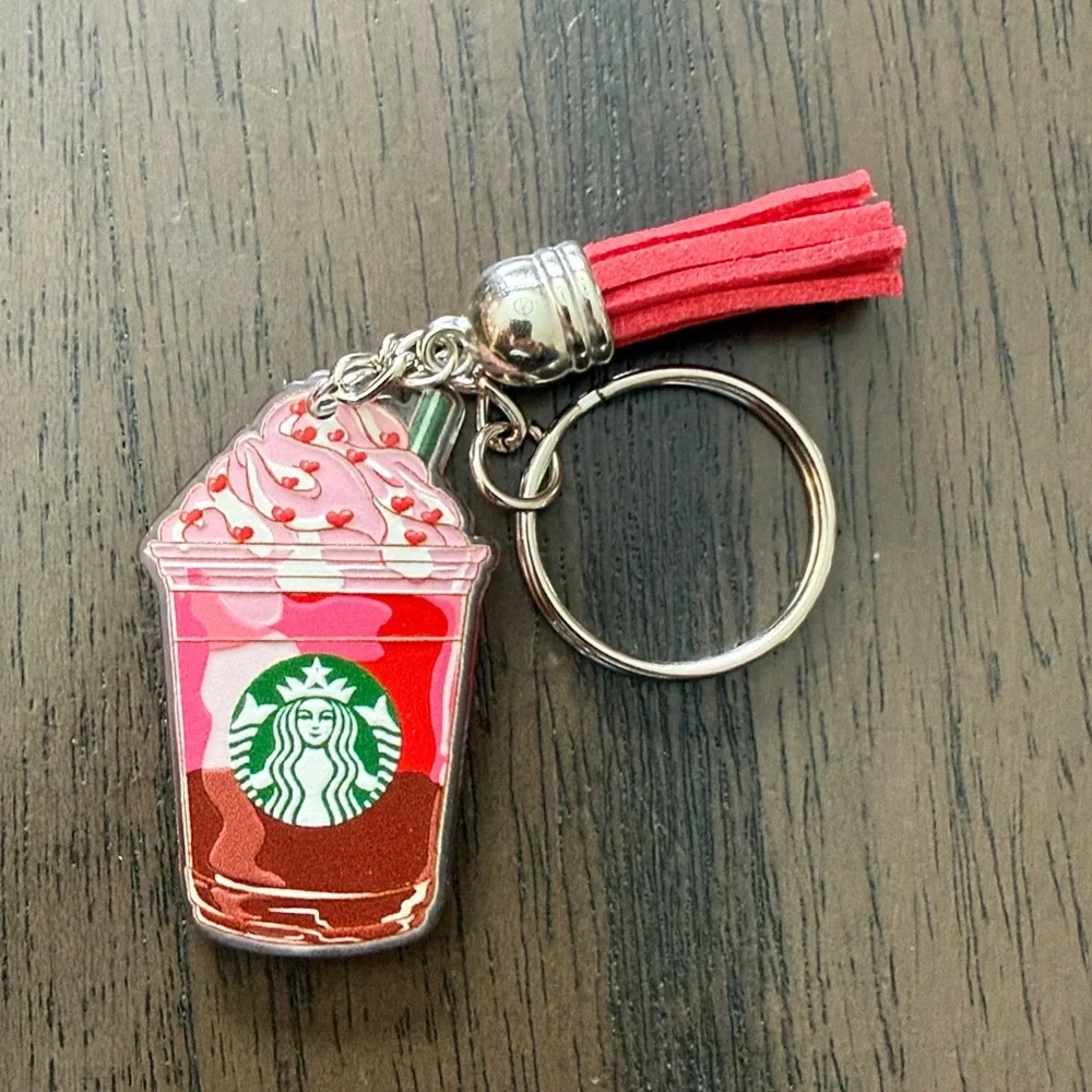Starbucks inspired Chocolate Red and White Frappuccino Keychain with Red tassle